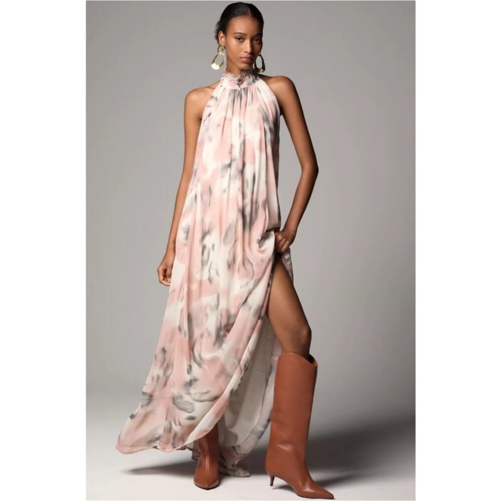 Anthropologie Maeve Pink & Gray Backless Halter Maxi Dress XS